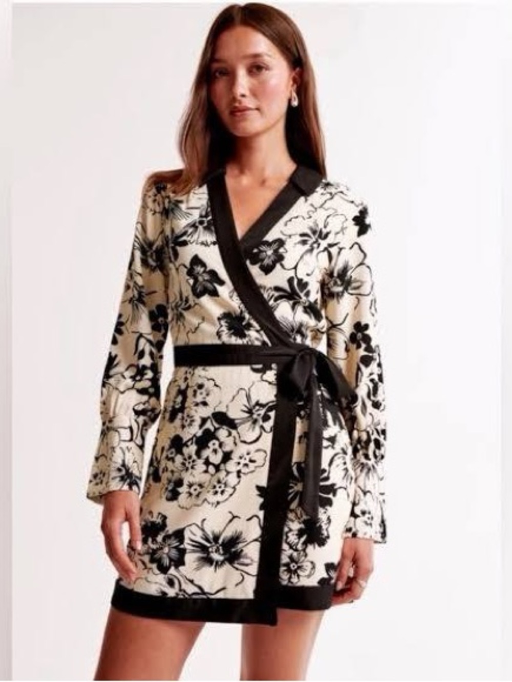 Abercrombie & Fitch Black and Cream Floral Wrap Mini Dress